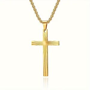 Gold Christian Cross Pendant Necklace Sunburst Etched Chain Faith Jewelry Gift